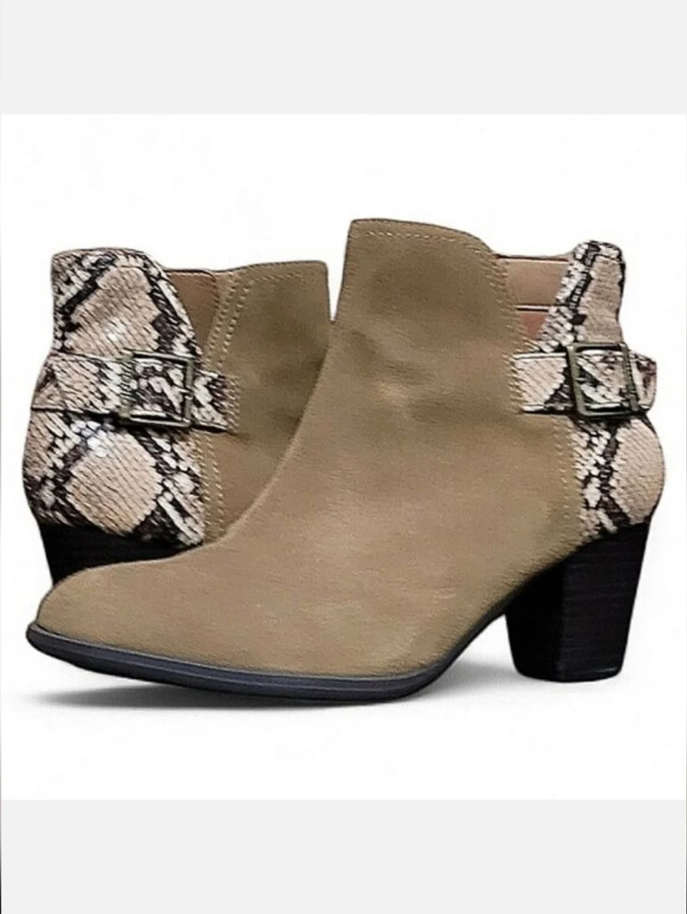 Vionic Naomi Tan Suede Snake Print Ankle Boots